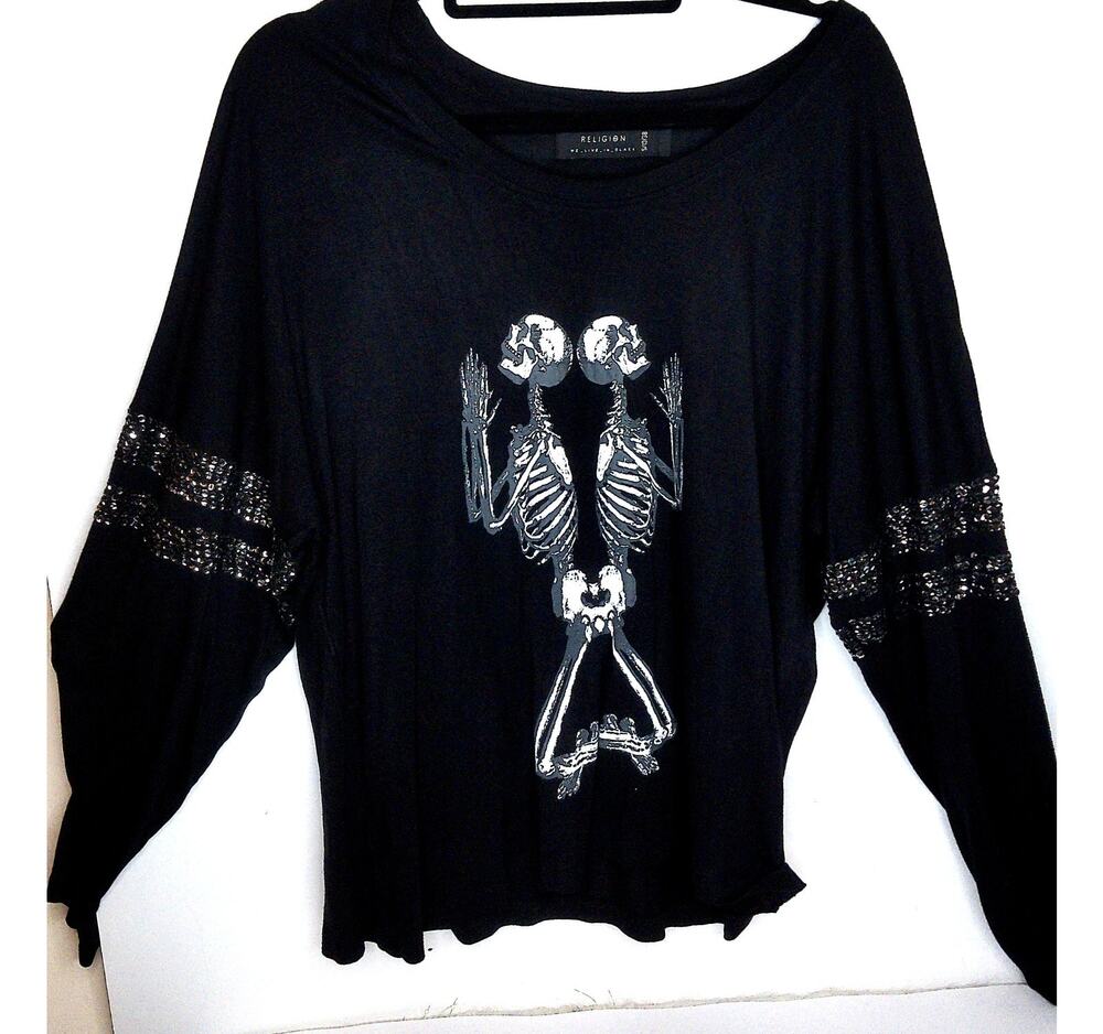 Religion Black Intertwined Skeletons Rhinestone Sleeve Graphic Top Size Small